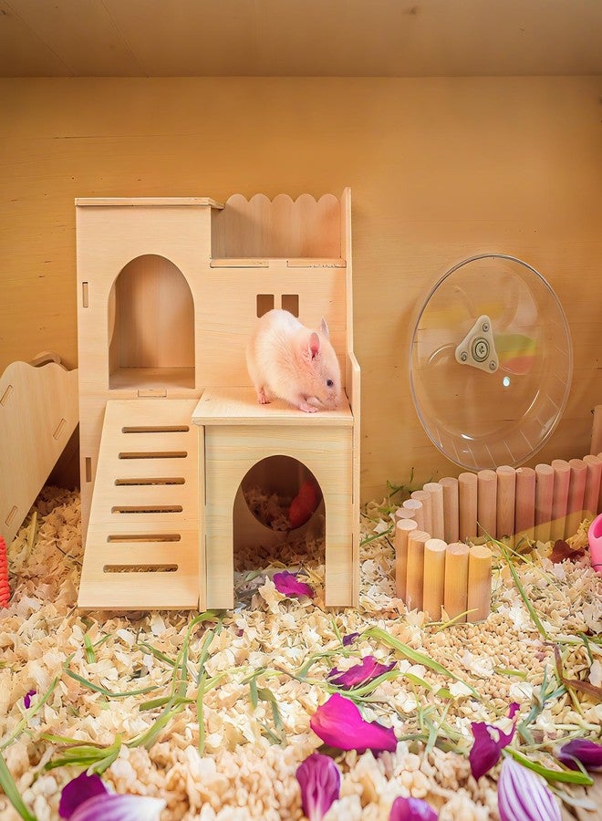 Xiylon Fun Slide Double-Decker Wooden Hideout for Large Hamsters, Syrian, Gerbil & Mice with Play Platform - Natural Safe Rat & Small Animal Sanctuary - Image 4